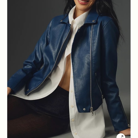 Anthropologie faux Leather Moto navy jacket size Small S - Picture 3 of 10